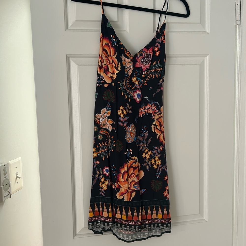 FARM Rio black and peach colored mini dress